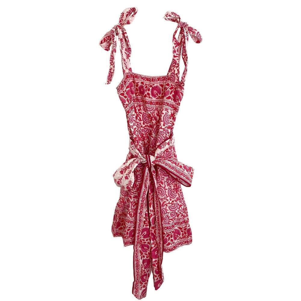 SUE SARTOR Block Print Floral Pink Red Tie Shoulder Waist Mini Swing Dress - Picture 3 of 11